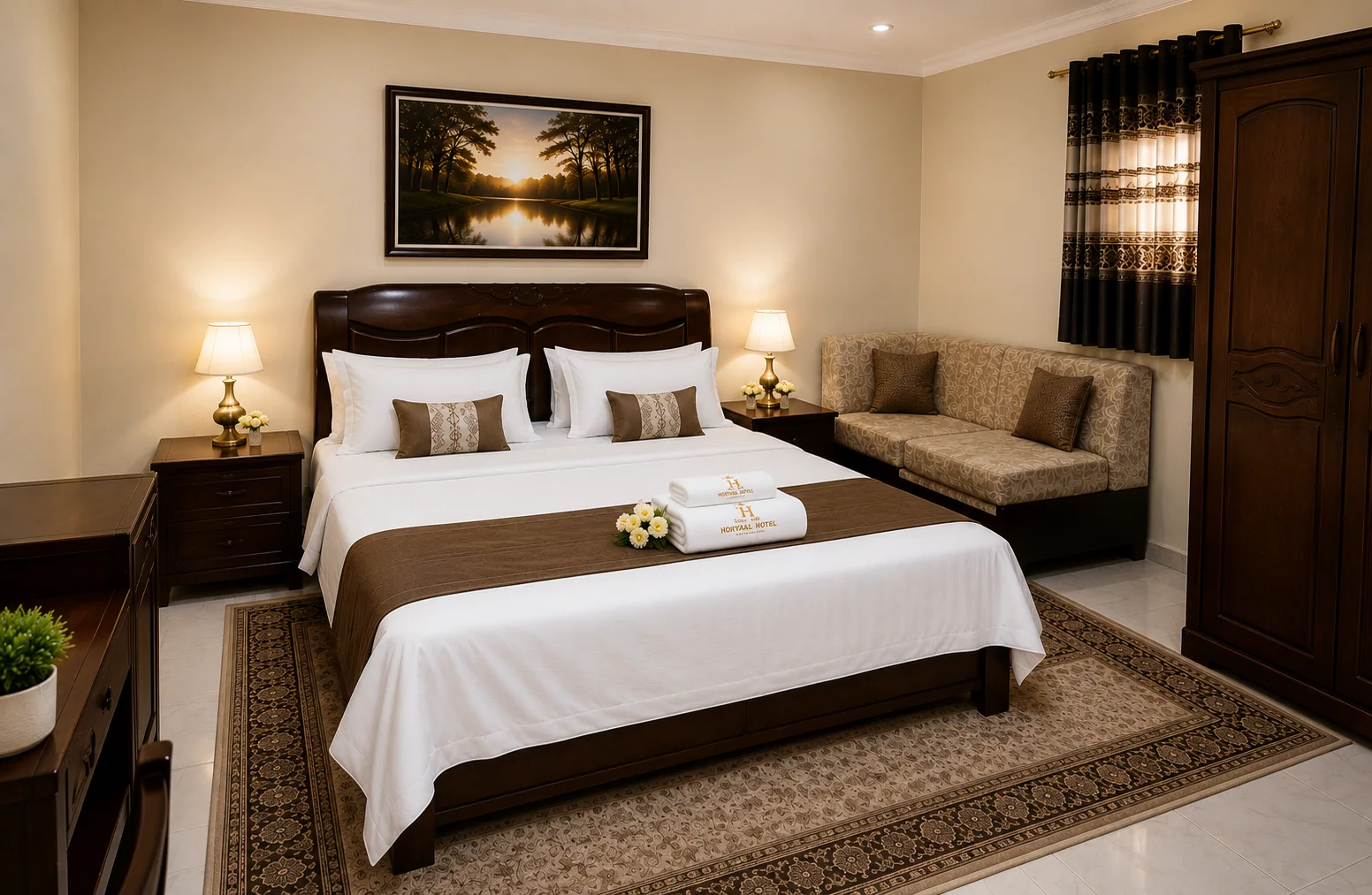 Presidential suite at Horyaal Hotel with a lounge sofa beside the bed