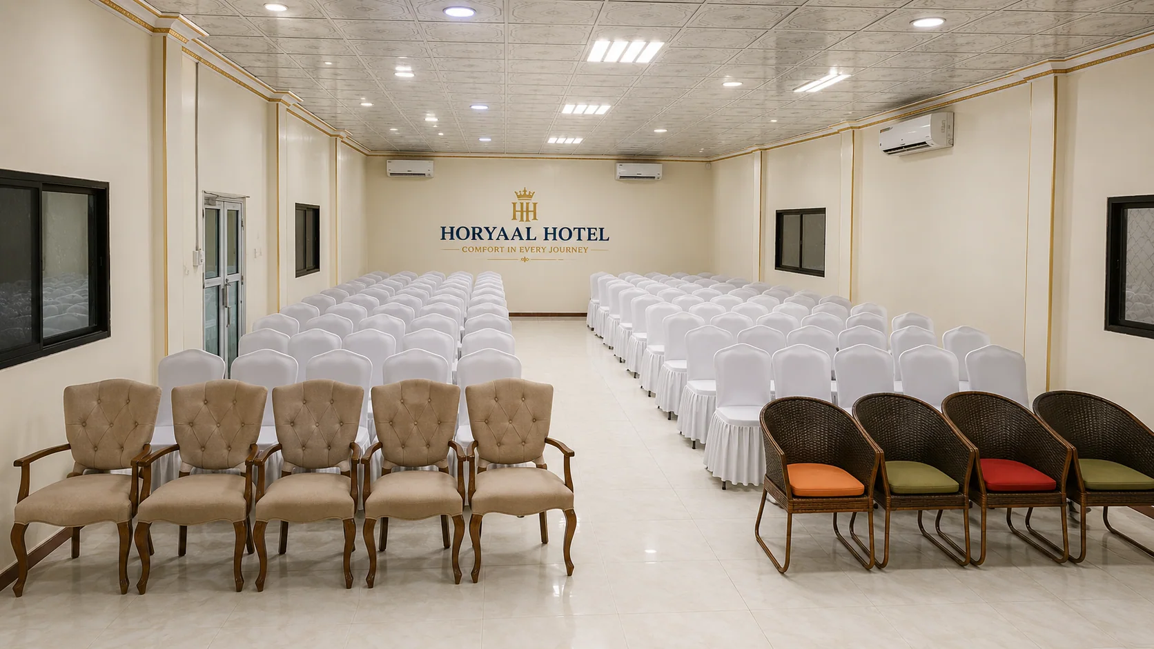 Meeting hall at Horyaal Hotel laid out in theatre style